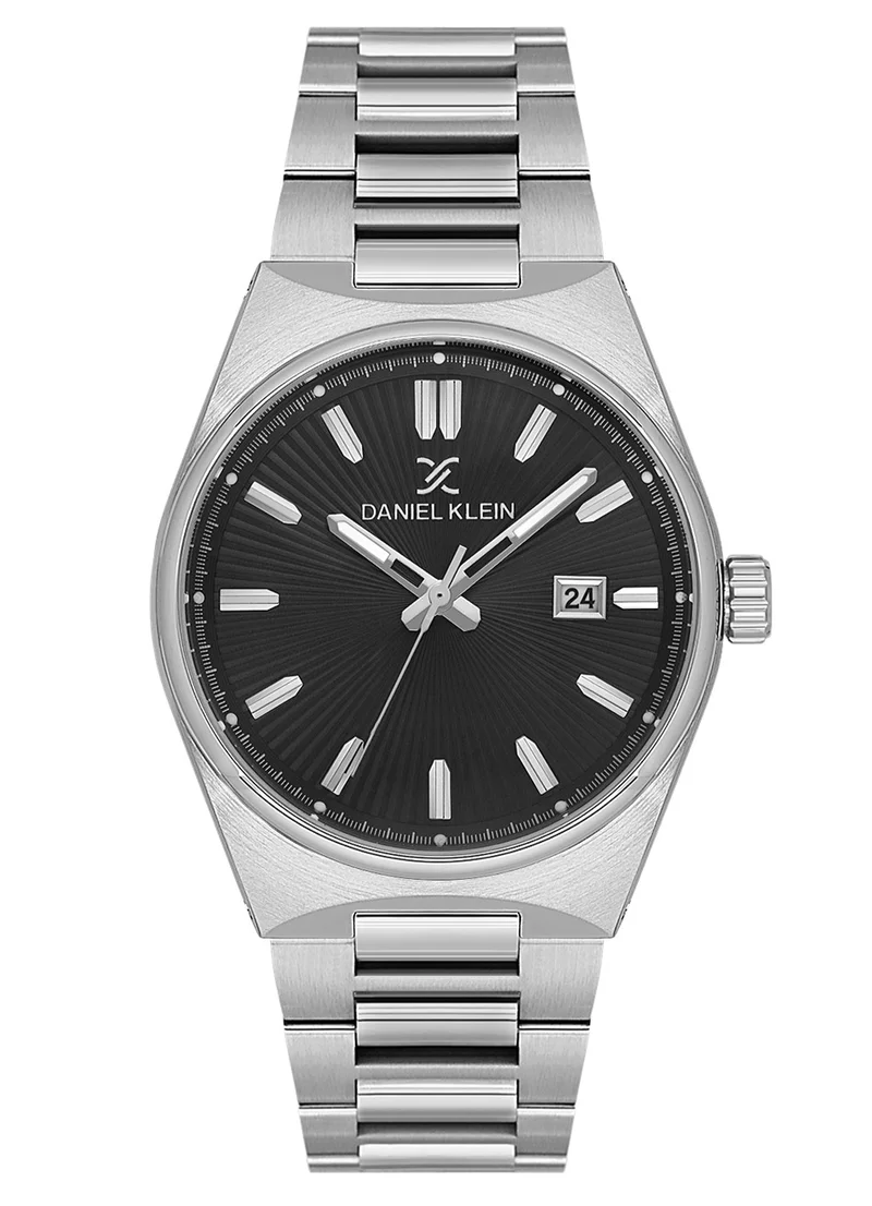 DANIEL KLEIN Men's Stainless Steel Silver Alloy Case Analog Black Round Emboss Dial Japanese Quartz Premium 50 Meters Water Resistant
